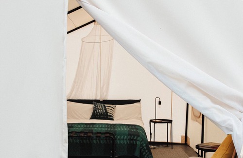 Canoncito RV Rental | 2 Person Glamping tent with one King Bed @ Field Trip NM .