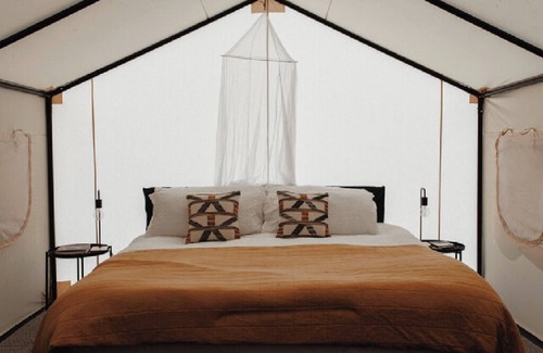 Canoncito RV Rental | 2 Person Glamping tent with one King Bed @ Field Trip NM .