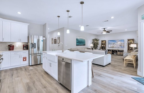 Frangista Beach House | Deja Blue: Private beach steps away, Golf cart, Heated pool, Bunk rooms