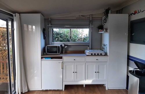 De Cocksdorp Ski Chalet | Spacious caravan with fixed awning and sheltered garden