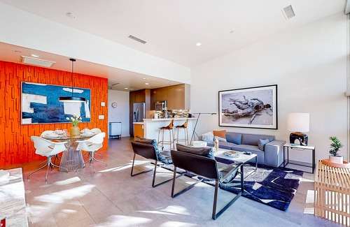 Palm Springs Condo | Stylish condo with amazing mountain view, pool, spa, outdoor kitchen, & patio