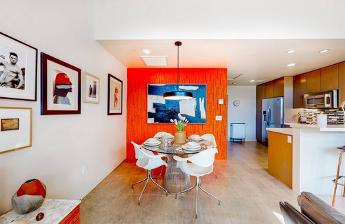Palm Springs Condo | Stylish condo with amazing mountain view, pool, spa, outdoor kitchen, & patio