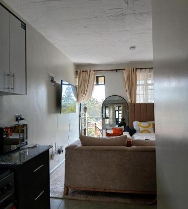 A cozy spacious studio apartment with a balcony