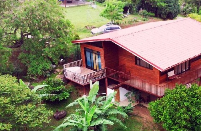 Cabin surrounded by nature at ground level with terrace