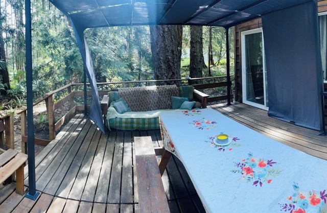 Cute cozy log cabin nestled in private wooded area between 2 sandy beaches