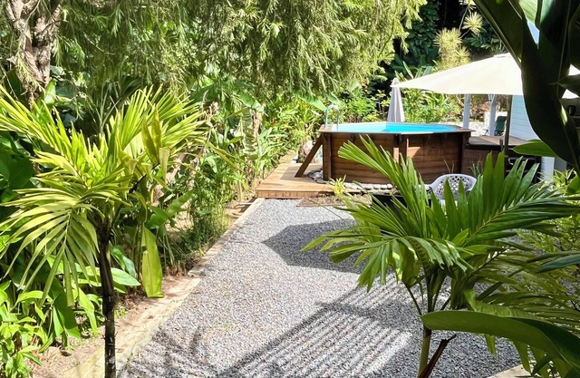 Gites Les Vanilles lush tropical garden swimming pool 800m from the beach