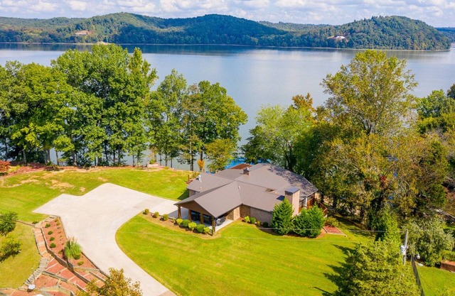 Lake front with dock and boat ramp