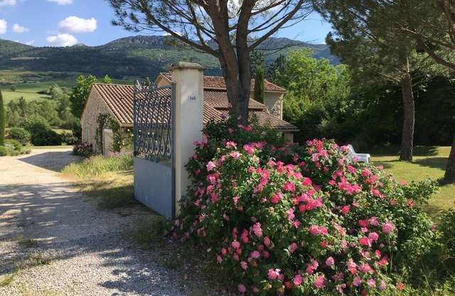 stone house with swimming pool surrounded by lavender, apricot trees .