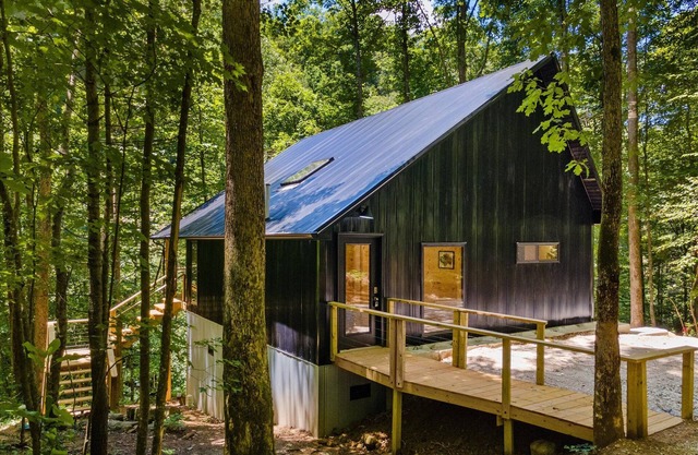 Treetop Modern Cabin with Hot Tub, Creek View