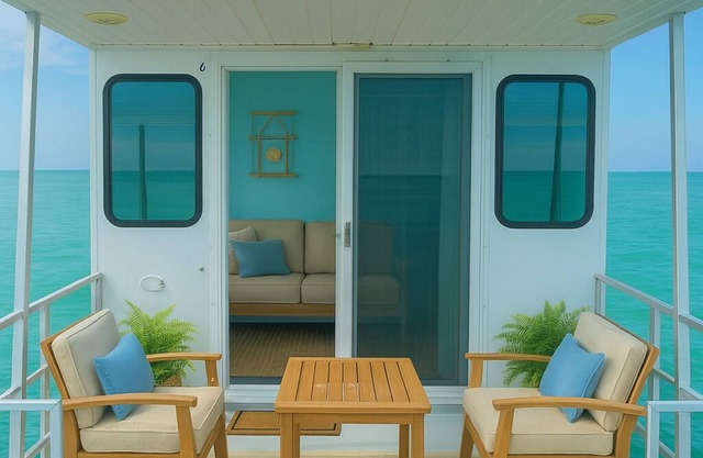 Water Glamping over turquoise blue water.