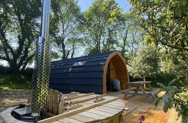 Wild Luxury Bluebell Glamping Pod with Wood Fired Hot Tub in quiet rural setting