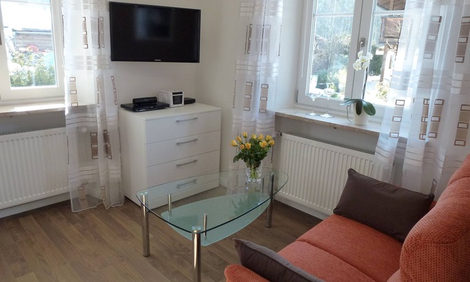 Schwob Apartment | Apartment Studio Haus Irlinger, 28 qm, Wohn-Schlafraum mit Terrasse und Liegewiese