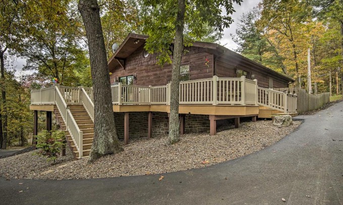 James Creek House | Deck with Private Hot Tub Lakefront Raystown Cabin!