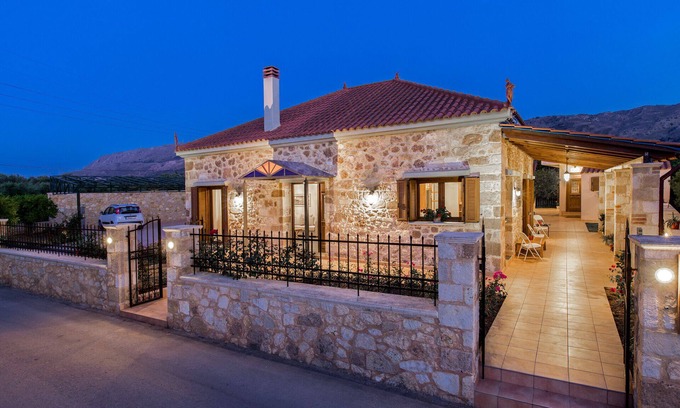 Katsifariana Villa | Elegant, stone-built designer Villa Anerocurù with gardens & BBQ, by Chania city