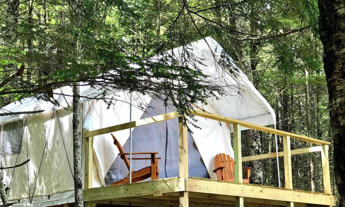Mariaville Cabin | Lakefront Glamping Tent w/ensuite bath, King Bed, Fabulous View, near Acadia