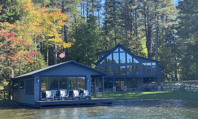 Woodgate House | Luxurious/Modern Adirondack home with gorgeous boathouse, sandbar & sunset view