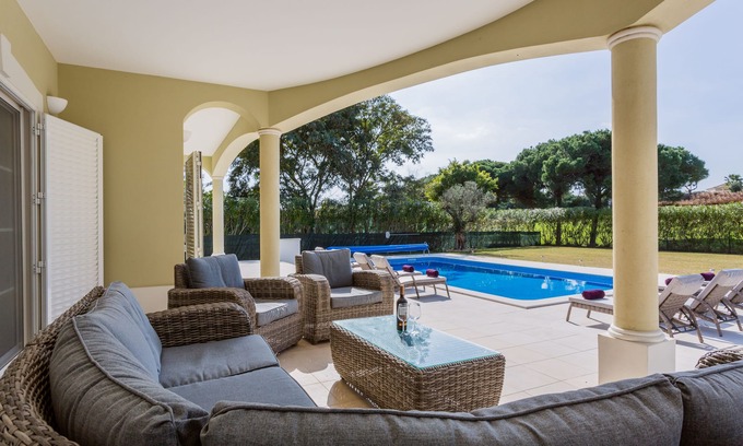 Quarteira Villa | Luxury Family Villa Overlooking 1st green of VilaSol golf, large pool and bar!