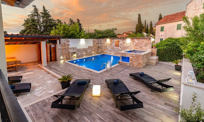 Supetar House | Luxury house David with a private boat & heated pool & jacuzzi & sauna