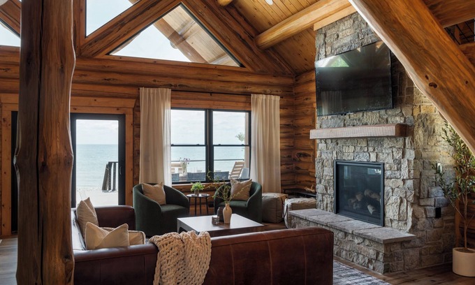 Traverse City Cabin | Luxury Waterfront Log Cabin on Lake Michigan with Barrel Sauna & Kayaks