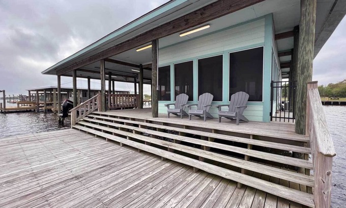 Hackberry Apartment | Reel Fishin' at "The Pier Camp" on the dock and over the water.