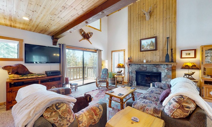 Tahoe Tyrol House | Rustic home with forest access, pool, hot tub, sauna, pool table, 2 fireplaces