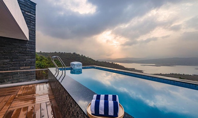 Kadadhe Villa | SaffronStays Kaia Waters by Kosha Villas, Pawna - Greek style villa with panoramic view of Pawna lake