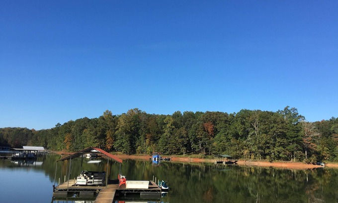 Gumlog Cabin | Secluded Lake Front Cabin - on Lake Hartwell, with Dock, Fenced Yard, Fire Pit.