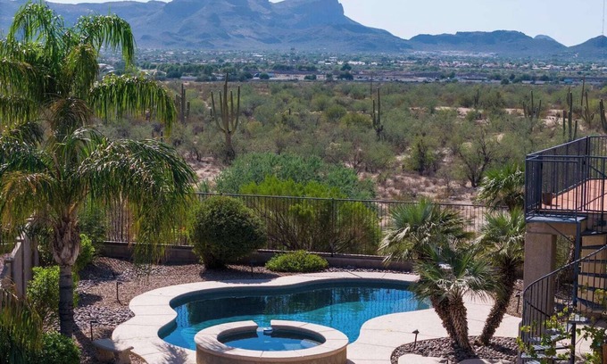 Hartman Vistas House | Serene desert escape with stunning mountain views, and private heated pool/spa.