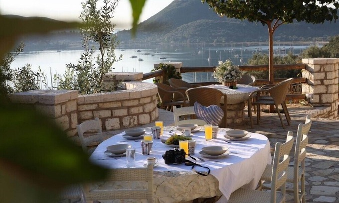 Nidri Villa | Stone villa with private swimming pool, BBQ, panoramic sea views, near Nidri