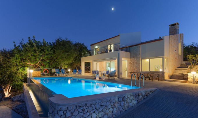 Gavalochori Villa | Villa Armonia, sea view, big heated pool, good privacy, 8 mins by car to beach.