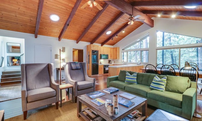 Arnold House | Bright, dog-friendly home nestled in the forest w/ a gas fireplace & great deck